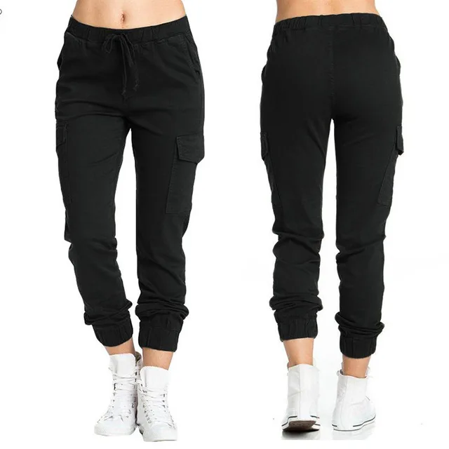 Women's Trousers Workwear Casual Elastic Waist String Side Pocket Trousers Black - Shop at LoveMi