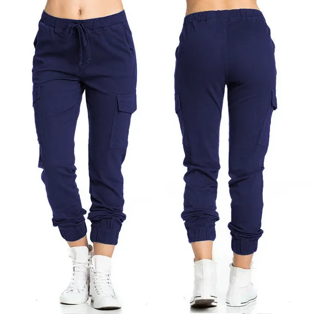 Women's Trousers Workwear Casual Elastic Waist String Side Pocket Trousers Dark Blue - Shop at LoveMi