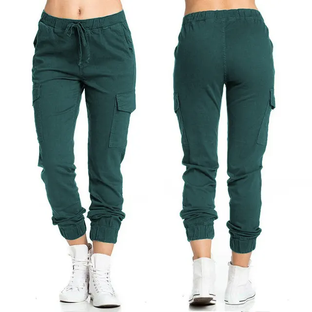 Women's Trousers Workwear Casual Elastic Waist String Side Pocket Trousers Dark Green - Shop at LoveMi