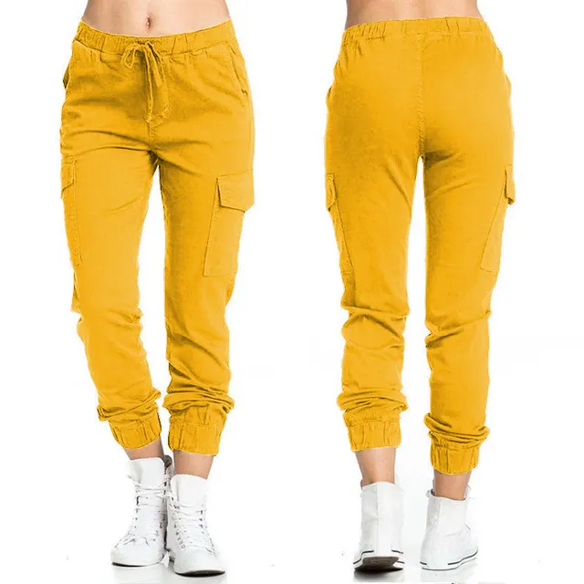 Women's Trousers Workwear Casual Elastic Waist String Side Pocket Trousers Yellow - Shop at LoveMi