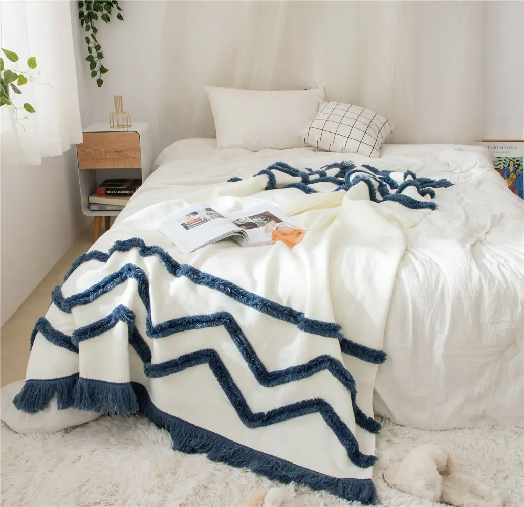 Sofa Blanket Tassel Home Furnishing Knitted Woolen Blanket - Blue