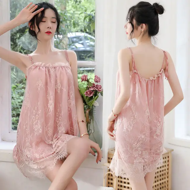 Sexy Nightdress Female Summer Sexy Pajamas Lace Chiffon Sweet Suspender Skirt Pink - Shop at LoveMi