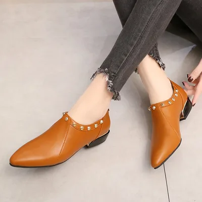 New Style Pointed Rivet Fashion Casual Single Shoes Women Brown - Shop at LoveMi