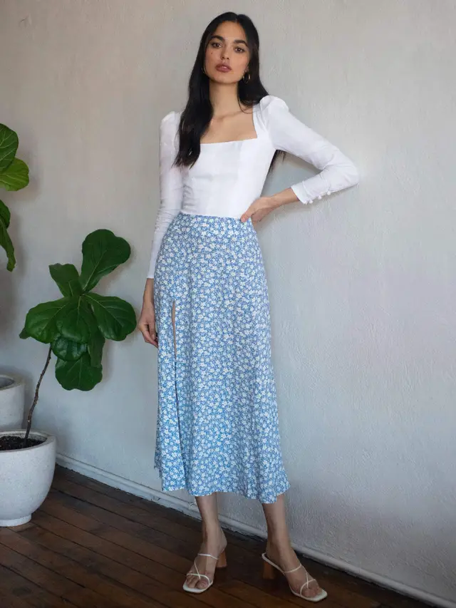 Flower Print High Waist Stretch Split Long A Line Polka Dot Skirt Women Blue - Shop at LoveMi