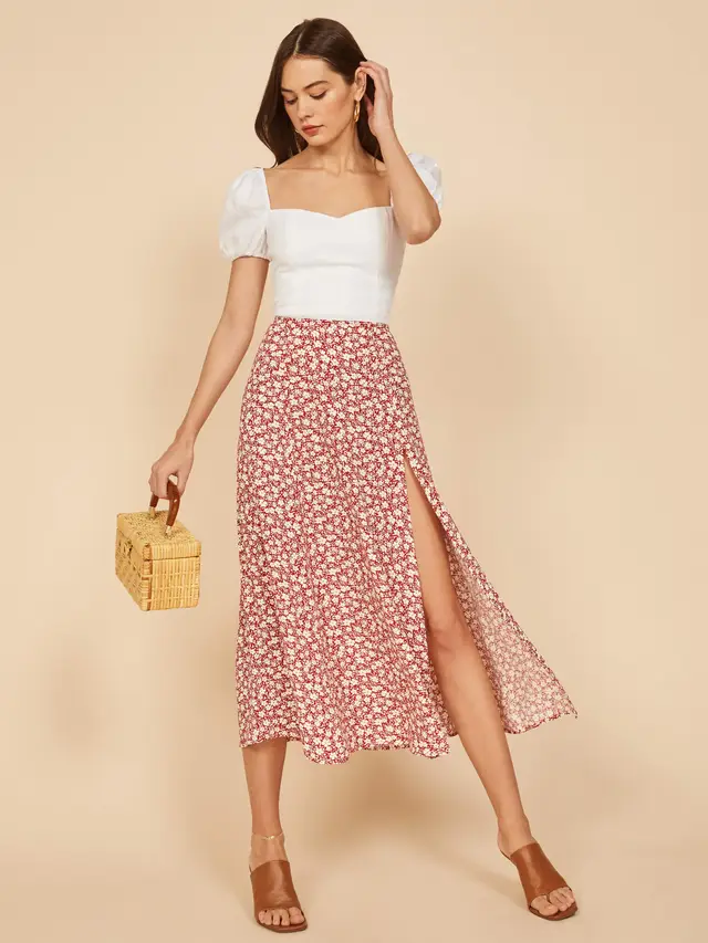 Flower Print High Waist Stretch Split Long A Line Polka Dot Skirt Women Red - Shop at LoveMi