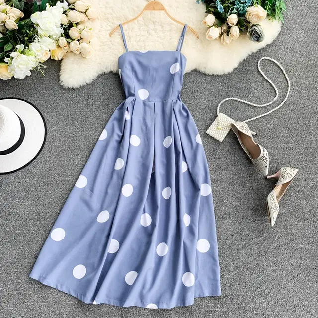Vintage Polka Summer Dress With Straps Blue - Shop at LoveMi