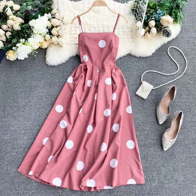 Vintage Polka Summer Dress With Straps Pink - Shop at LoveMi