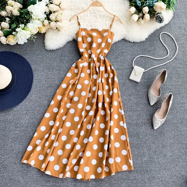 Vintage Polka Summer Dress With Straps Yellow - Shop at LoveMi