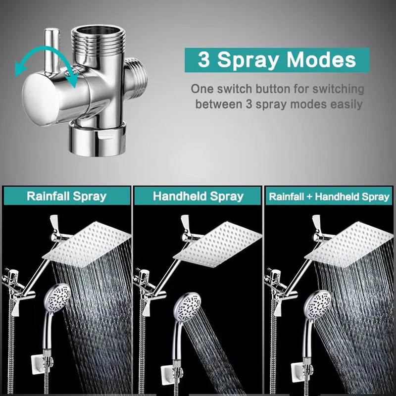 Stainless Steel Top Spray With Extension Rod 9 Function Handheld Dual Shower Set - Silver