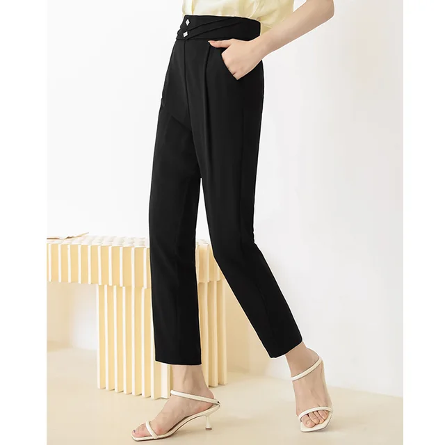 Summer Dress With Bright Diamond Buckle Temperament Nine point Straight Trousers Black - Shop at LoveMi