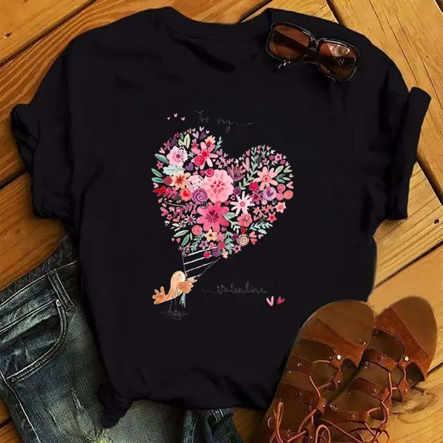 Summer New Fashion Red Love Bicycle Printing Ladies Black T Shirt Loose Casual 8.Style - Shop at LoveMi