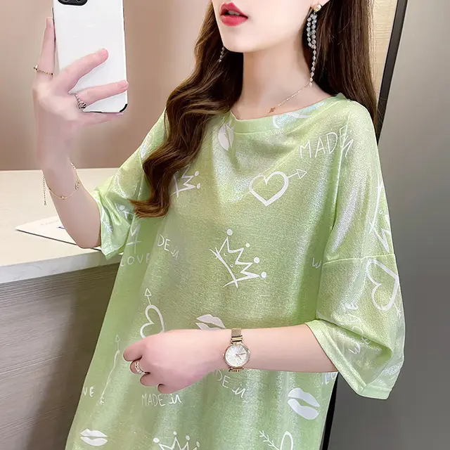 Glittering Shortsleeved T shirt Women's Summer New Trend Green - Shop at LoveMi