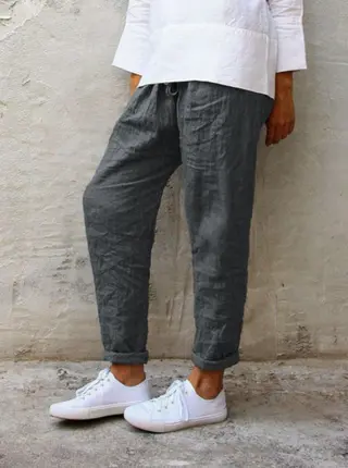 Drawstring Solid Colour Cotton And Linen All-match Harem Pants - Grey