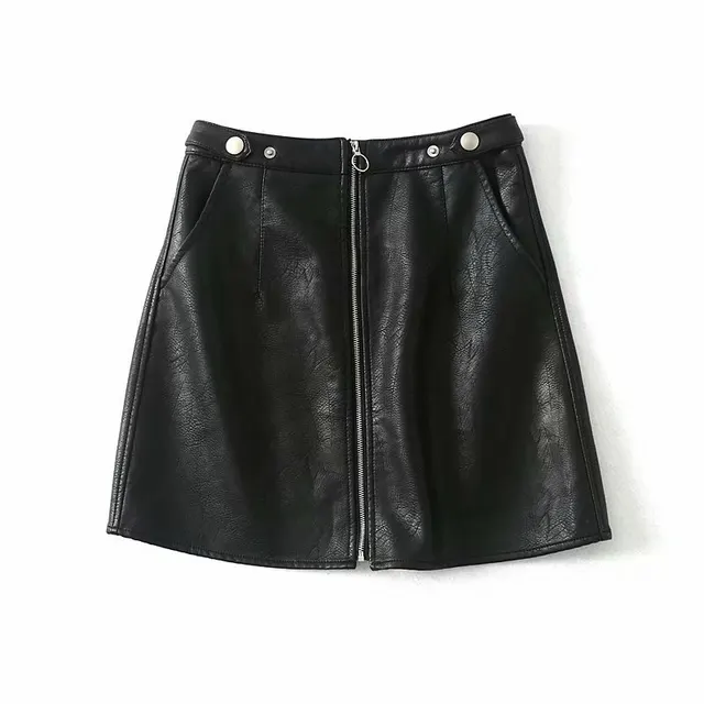 High Waist Slim Zipper PU Leather Skirt Short Skirt A Line Skirt Black - Shop at LoveMi