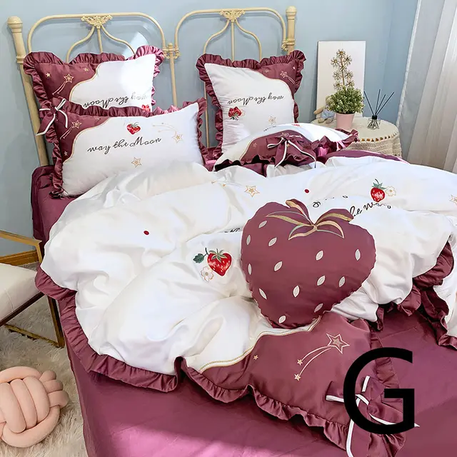 Strawberry Embroidery Cotton Four Piece Cotton Bedding Silk Duvet Cover G Style - Shop at LoveMi