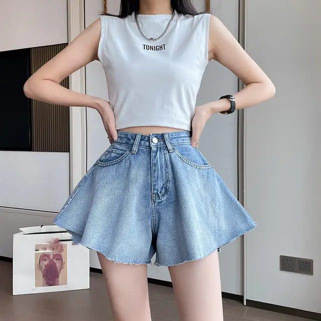Denim Wide Leg Trousers Skirt Is Thin And Super Hot Ins Hot Pants Blue - Shop at LoveMi