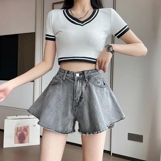 Denim Wide Leg Trousers Skirt Is Thin And Super Hot Ins Hot Pants Grey - Shop at LoveMi