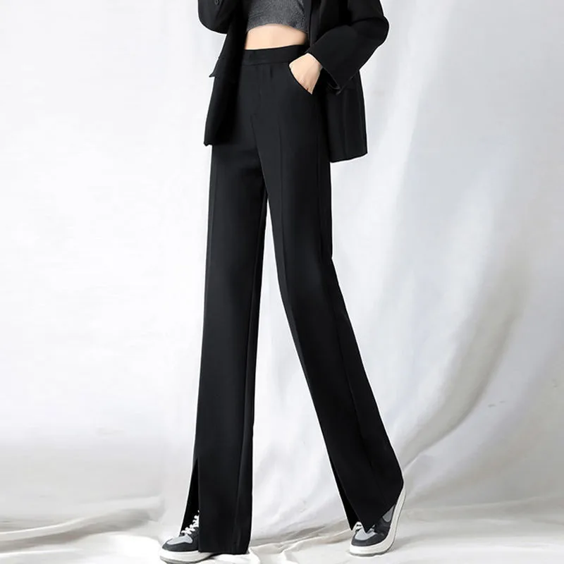 Mopping Suit Pants Were Thin, Front Slit Wide-leg Pants Casual Temperament Trousers Women - Black