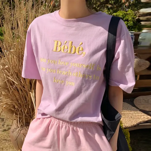 Summer Simple Retro Round Neck Pullover Embroidered Three Dimensional Letters Loose Wild Short Sleeved T Shirt Top Purple - Shop at LoveMi