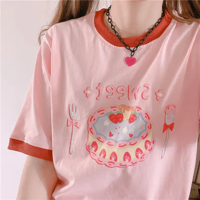 Short sleeved T shirt, Cake Milkshake Printing, And Loose Hedging Pink - Shop at LoveMi