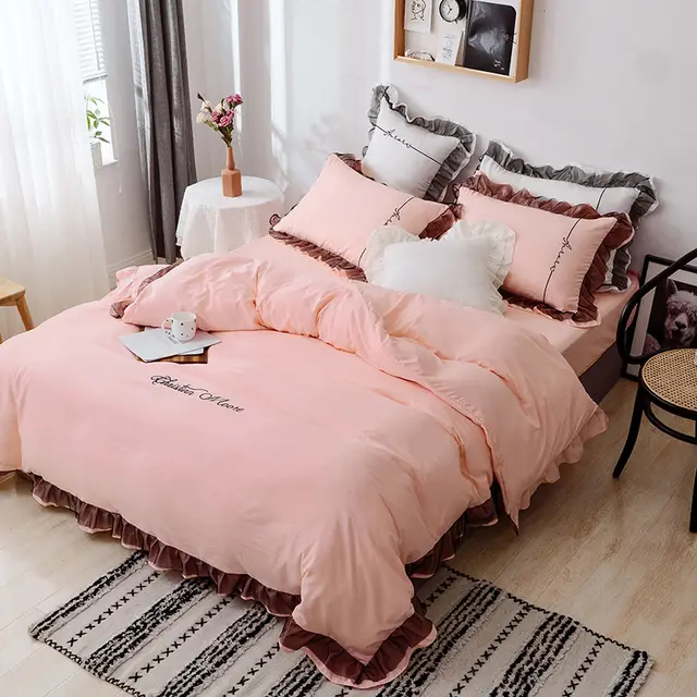 Washed Cotton Bedding Four piece Net Celebrity Princess Style Brushed Sheet Duvet Cover Single Three piece Bed Sheet Nude Pink - Shop at LoveMi