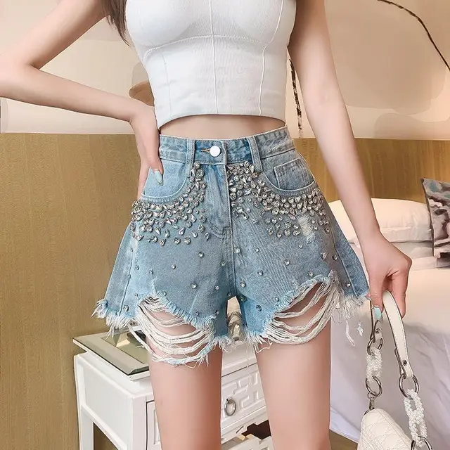 Fashion Heavy Industry Diamond Fringed Suede Ground Hole High Waist Micro Rattan Shorts Denim Blue - Shop at LoveMi