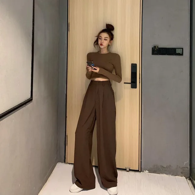 Style Drape Wide leg Pants, Waist Casual Pants, Straight Mopping Trousers, Suit Pants Khaki - Shop at LoveMi