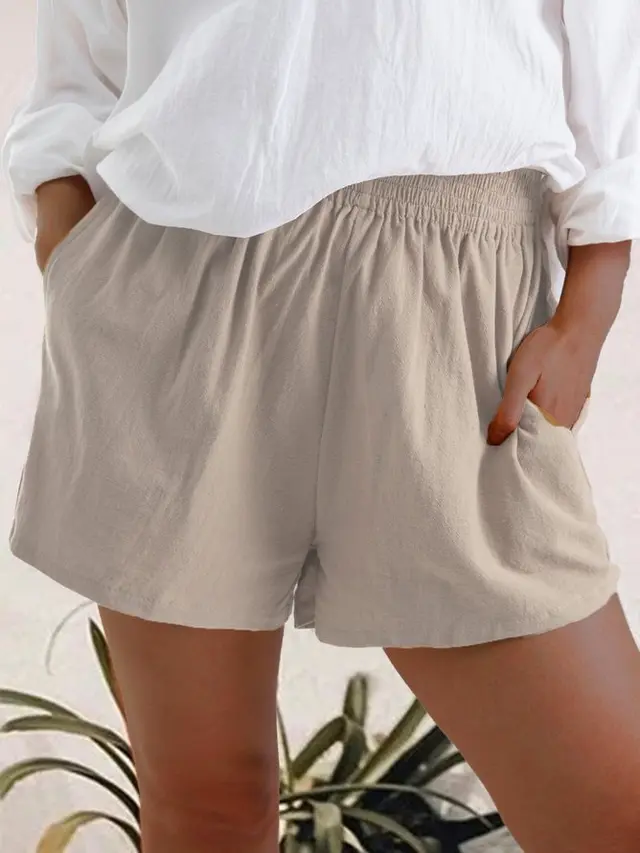 Women's High Waist Solid Color Casual Linen Pocket Straight Shorts Apricot - Shop at LoveMi