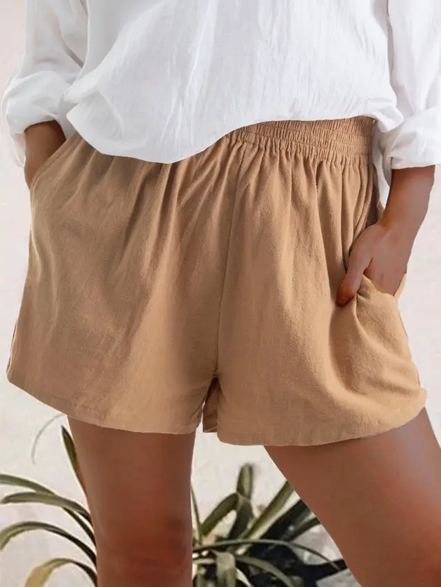 Women's High Waist Solid Color Casual Linen Pocket Straight Shorts Khaki - Shop at LoveMi