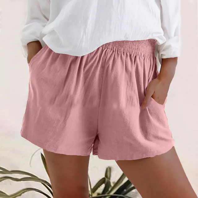 Women's High Waist Solid Color Casual Linen Pocket Straight Shorts Pink - Shop at LoveMi