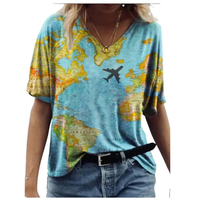 Map Print V Neck Short Sleeved T Shirt 3 Style - Shop at LoveMi