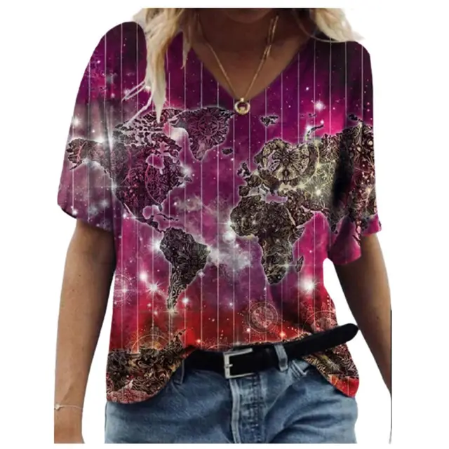 Map Print V Neck Short Sleeved T Shirt 5 Style - Shop at LoveMi