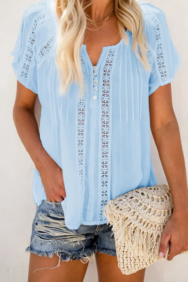 Solid Color Hollow Top V neck Pullover Short Sleeves Light Blue - Shop at LoveMi