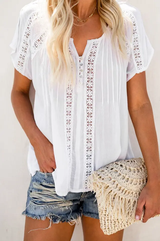 Solid Color Hollow Top V neck Pullover Short Sleeves White - Shop at LoveMi