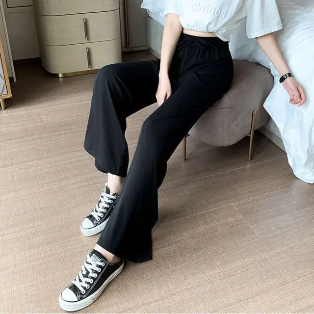 Summer New Style Ice Silk Wide Leg Pants Women's High Waist Thin Casual Straight Leg Trousers Black - Shop at LoveMi