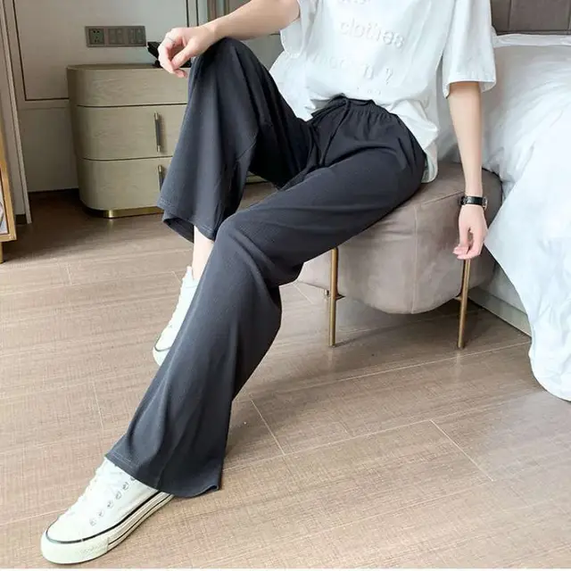 Summer New Style Ice Silk Wide Leg Pants Women's High Waist Thin Casual Straight Leg Trousers Grey - Shop at LoveMi