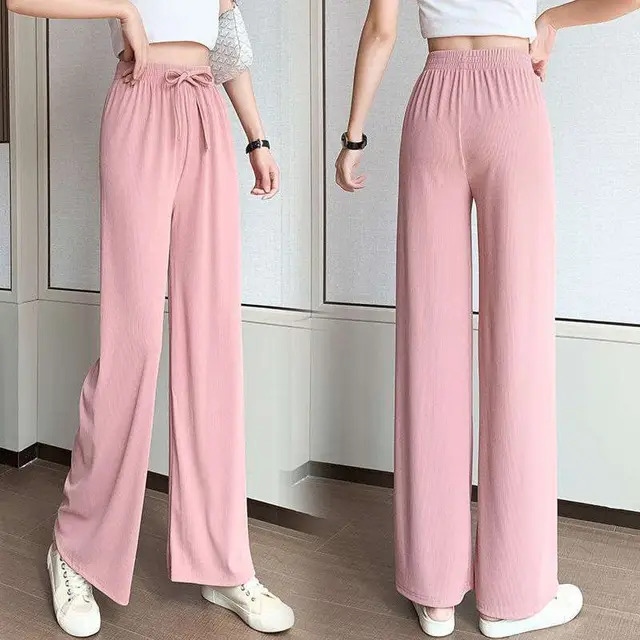 Summer New Style Ice Silk Wide Leg Pants Women's High Waist Thin Casual Straight Leg Trousers Pink - Shop at LoveMi