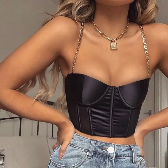 Sexy Slim fit Metal Camisole Top Cropped Satin Camisole Women Black - Shop at LoveMi