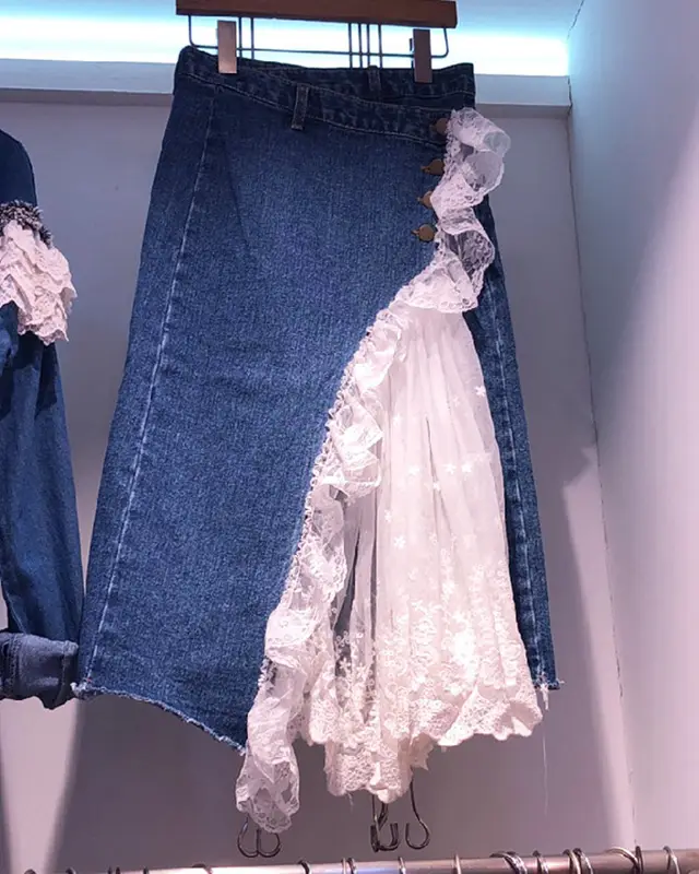 Mesh Stitching Wood Ear High Waist A Line Denim Skirt Blue - Shop at LoveMi