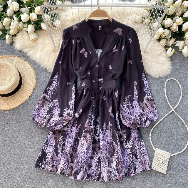 Palace Style Dress New Summer Dress Purple Black - Shop at LoveMi