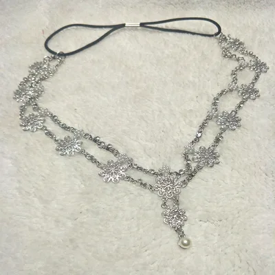 Vintage Pearl Flower Elastic Tassel Hair Band Hair Chain Silver - Shop at LoveMi