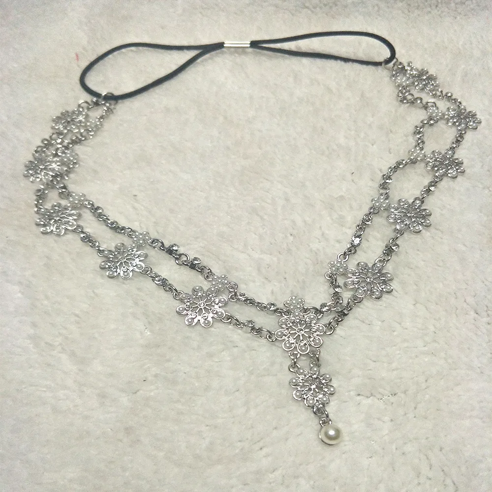 Vintage Pearl Flower Elastic Tassel Hair Band Hair Chain Silver - Shop at LoveMi