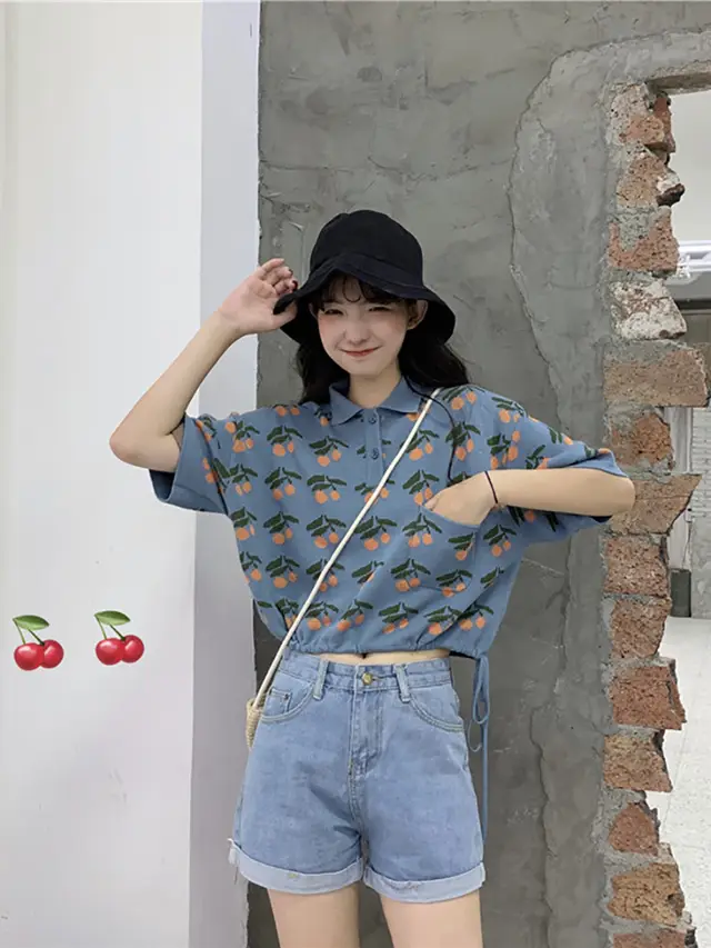 Upper Dress Drawstring Short Short sleeved Short sleeved Knitted T shirt With Navel Blue - Shop at LoveMi