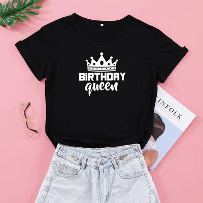 Women Queen Letter Print Short Sleeve T Shirt Cotton Causal Graphic Tee Shirts Girls Birthday Party Oversized Tee Black White - Shop at LoveMi