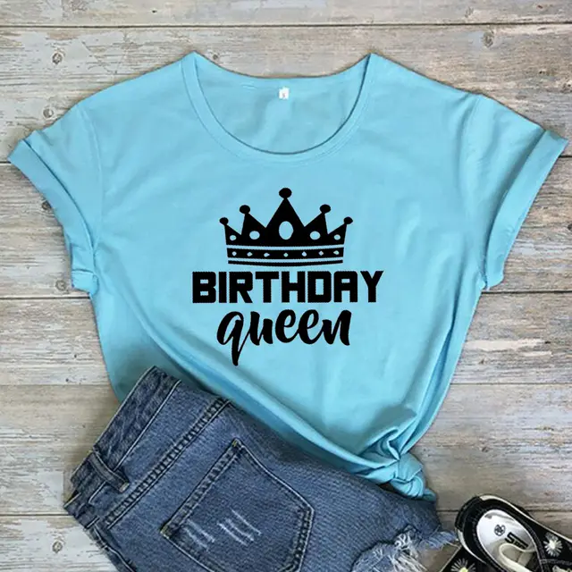 Women Queen Letter Print Short Sleeve T Shirt Cotton Causal Graphic Tee Shirts Girls Birthday Party Oversized Tee Blue Black - Shop at LoveMi