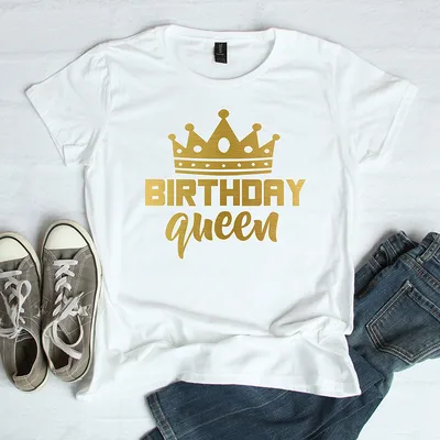 Women Queen Letter Print Short Sleeve T Shirt Cotton Causal Graphic Tee Shirts Girls Birthday Party Oversized Tee White Gold - Shop at LoveMi