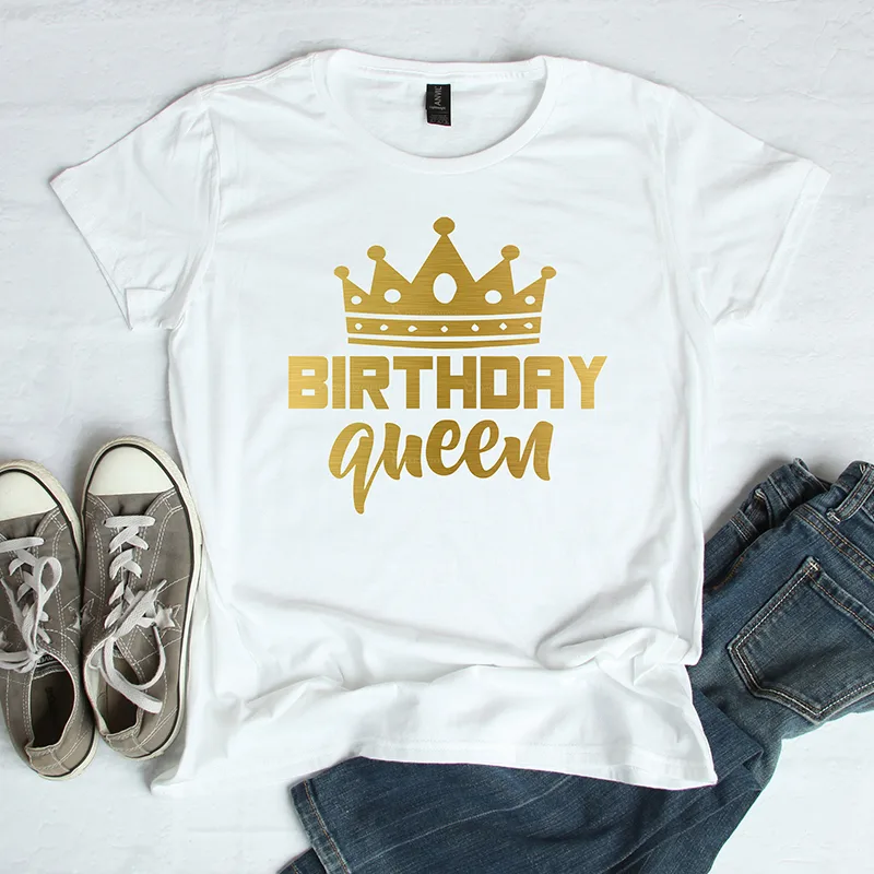 Women Queen Letter Print Short Sleeve T Shirt Cotton Causal Graphic Tee Shirts Girls Birthday Party Oversized Tee - White Gold