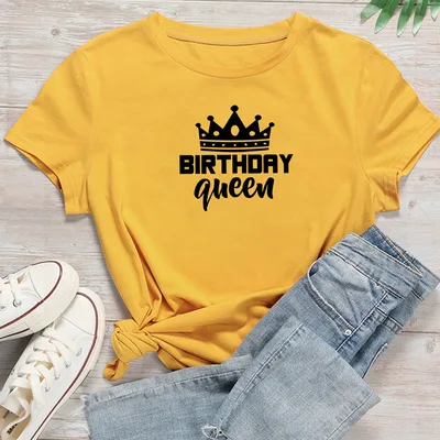 Women Queen Letter Print Short Sleeve T Shirt Cotton Causal Graphic Tee Shirts Girls Birthday Party Oversized Tee Yellow - Shop at LoveMi