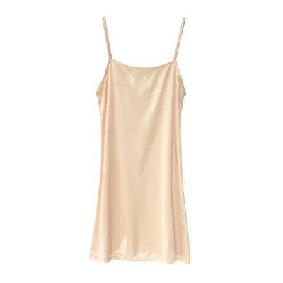 Woman Thin Shoulder Strap Underskirt Spring & Summer Dress Full Slip Petticoat Apricot Beige - Shop at LoveMi