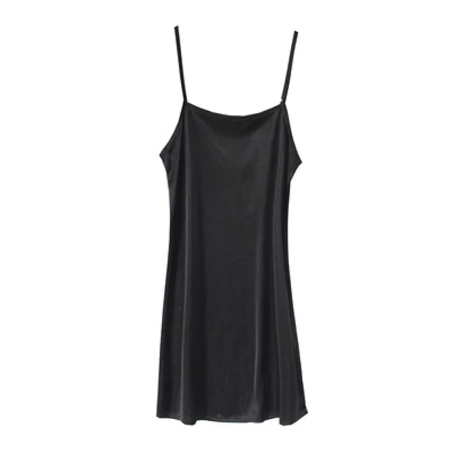 Woman Thin Shoulder Strap Underskirt Spring & Summer Dress Full Slip Petticoat Black - Shop at LoveMi